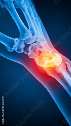 3D medical illustration of human skeleton and body showing anatomy of hand bones, and joints for diagnosing bone pain or arthritis in science and medicine.