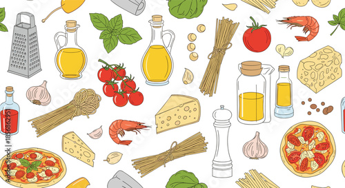 Italian cuisine ingredients pattern with pasta, tomatoes, cheese, olive oil, and herbs on a clean white background for kitchen decor.