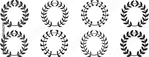Set of black circular laurels branches. laurel wreath, gold wreaths award, achievement, heraldry, award laurel wreaths. Silhouette laurel wreath. Heraldic trophy crest, Greek and Roman olive branch.
