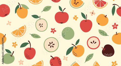 Colorful fruit slices pattern with apples, oranges, and leaves on a pale yellow background for refreshing summer themes.