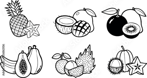 Tropical fruits set including pineapple mango kiwi banana papaya lychee dragon fruit and starfruit vector illustration