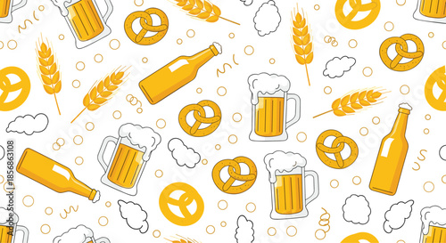 Refreshing golden beer pattern with foaming mugs, bottles, salty pretzels, and wheat ears on a white background with bubbles.