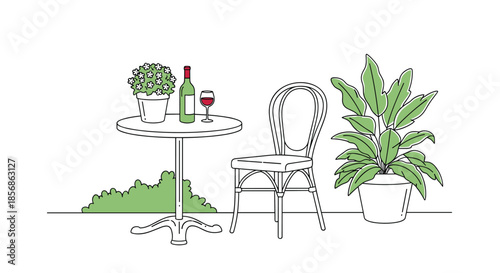 Cozy outdoor cafe table scene with a bottle of wine, a glass, a potted flower, and a large green plant in a garden setting.