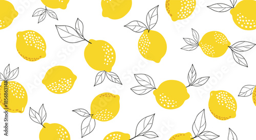 Bright yellow lemon pattern with whole fruits and green leaf sketches on a clean white background for kitchen and food design.