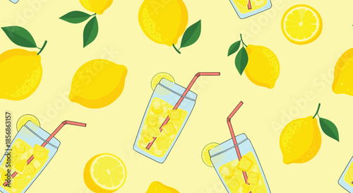 Refreshing lemonade pattern with glasses of cold drink, ice cubes, straws, and yellow lemons on a light yellow background.