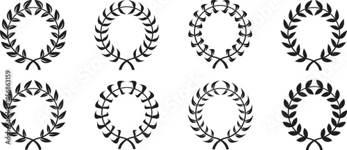 Set of black circular laurels branches. laurel wreath, gold wreaths award, achievement, heraldry, award laurel wreaths. Silhouette laurel wreath. Heraldic trophy crest, Greek and Roman olive branch.
