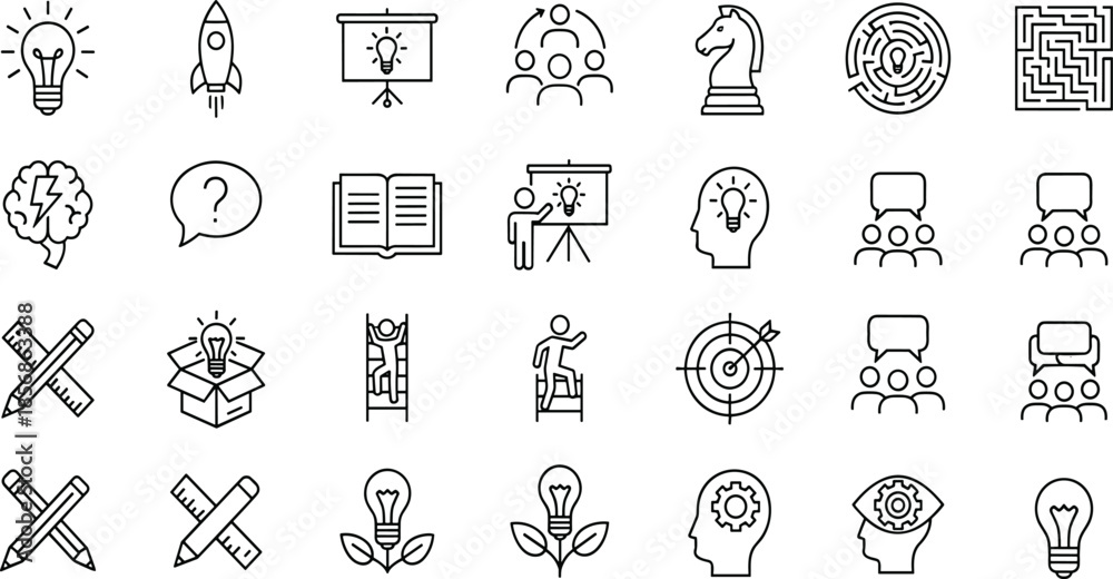 Fototapeta premium Creativity, innovation, strategy, teamwork, education, problem-solving, icons set, flat vector illustration, line style, idea generation