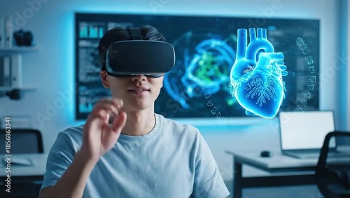 Virtual Insight: A curious individual delves into the depths of human anatomy through the lens of virtual reality. The glowing display of the human heart underscores a modern approach to learning.