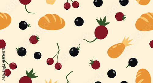Delightful seamless pattern of fresh berries like cherries and raspberries mixed with golden loaves of baked bread on beige.