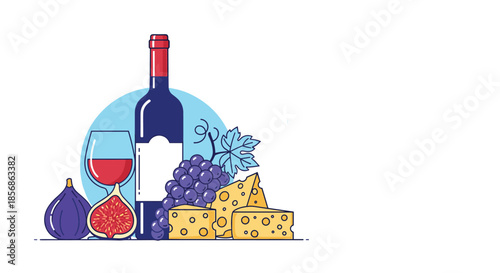 Sophisticated still life illustration featuring a bottle of red wine a glass purple grapes cheese wedges and fresh fig fruit.