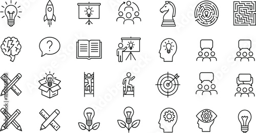Creativity, innovation, strategy, teamwork, education, problem-solving, icons set, flat vector illustration, line style, idea generation