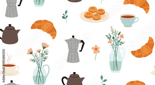 Cozy breakfast seamless pattern featuring silver moka pots cups of coffee croissants cookies and fresh flowers in glass vases.