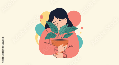 Peaceful illustration of a woman with long dark hair hugging a potted plant against a background of soft colorful bubbles.