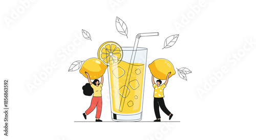 Creative illustration of two small people carrying large yellow lemons towards a giant glass of refreshing iced lemonade.