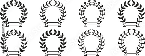 Set of black circular laurels branches. laurel wreath, gold wreaths award, achievement, heraldry, award laurel wreaths. Silhouette laurel wreath. Heraldic trophy crest, Greek and Roman olive branch.