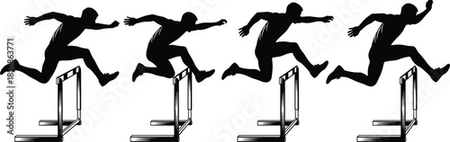 Athlete hurdling sequence silhouettes illustration, man jumping over hurdles in motion, track and field training sport concept vector isolated black design