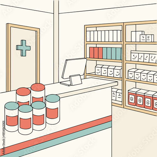 A clean and organized pharmacy interior displaying a reception desk shelves stocked with medicine and medical supplies