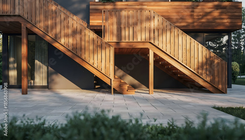 Modern Wooden Staircase Outdoor With Concrete Pavement And Lush Green Foliage Sunlight Dappled Through Trees Creating Shadows On The Structure And Ground