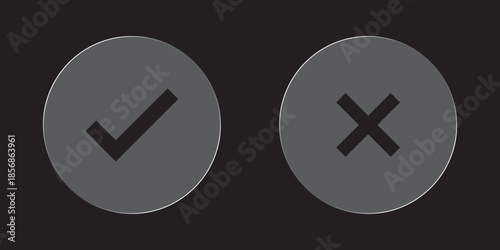 Sleek glass Checkmark x mark icon. Green checkmark and red x sign. Correct error vector symbol isolated on white background. Vote checkmark in circle and square box.