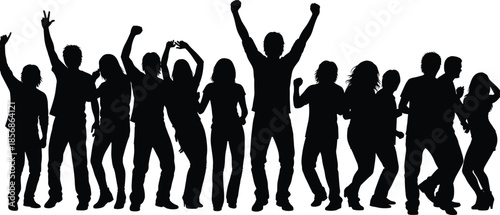 People dancing together silhouette vector illustration, energetic crowd celebration scene for party, festival, music event, social nightlife concept design poster artwork