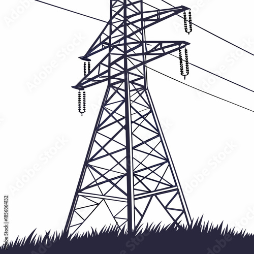 A striking illustration of a tall dark electrical power transmission tower against a simple white background