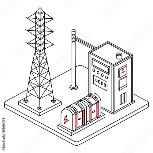 A detailed isometric illustration of an electrical substation featuring a transformer power lines and building high quality