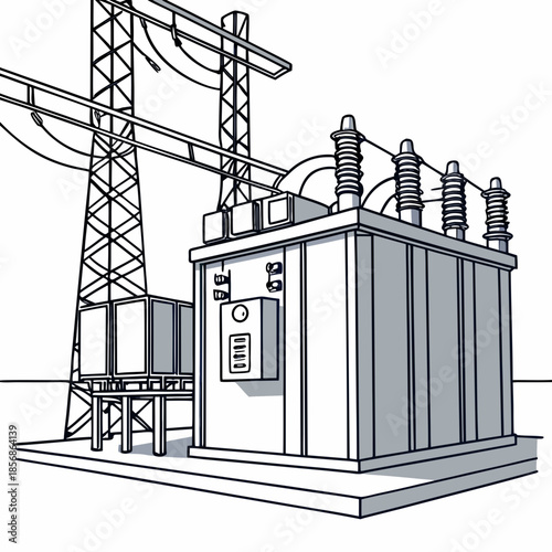 Detailed illustration of a large electrical substation featuring transformers towers and supporting infrastructure components and systems