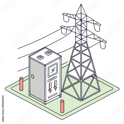 An isometric illustration depicts a power distribution station with a transmission tower and electrical equipment high quality