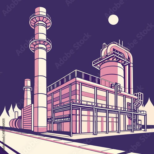 A stylized illustration depicts an industrial complex with tall chimneys under a dark night sky with a bright moon