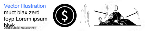 Cryptocurrency, blockchain, digital finance, mining operations, online transactions, market analysis. Black dollar symbol, arrows pickaxes mining crypto blocks. Cryptocurrency and blockchain