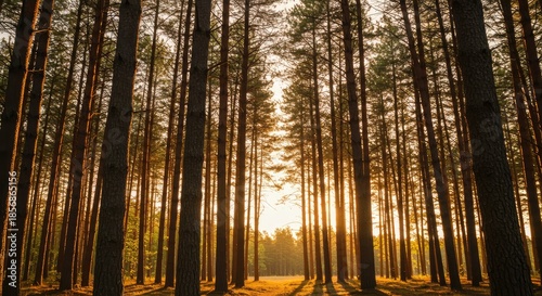 Sunlight filtering through a dense pine forest at sunrise