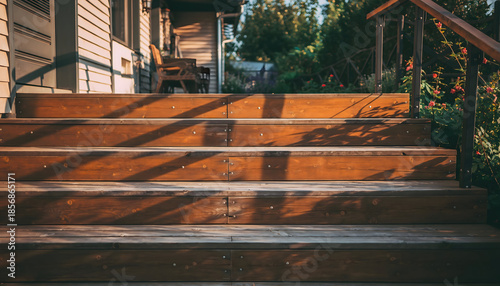 Warm Sunlit Wooden Porch Stairs Leading to a Quaint House with Lush Green Garden and Rustic Outdoor Furniture bathed in Golden Hour Light