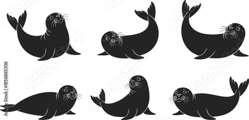 Seal silhouette vector set, marine animal poses, playful seal illustrations, black sea creature icons for ocean-themed design and wildlife artwork