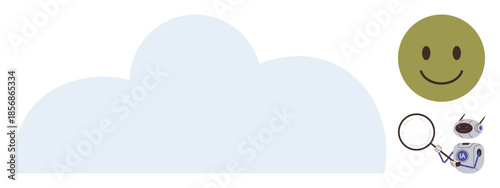 Light blue cloud, robot holding magnifying glass, and smiling face evoke technology, analysis, and happiness. Ideal for tech, AI, cloud storage, innovation data analysis positivity simple flat