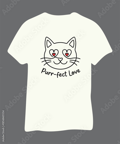 Cute Cat Valentine T-shirt Design with Heart Eyes and "Purr-fect Love" Pun