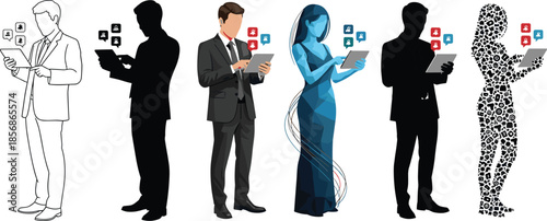 Digital lifestyle icons showing diverse tablet users with notifications in modern, abstract, polygonal, and tech-inspired styles