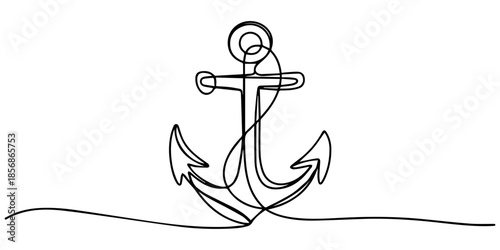 continuous one line art of an anchor with curved and twisted lines. pirate vector illustration with white background, anchor with curved and twisted lines continuous one line drawing