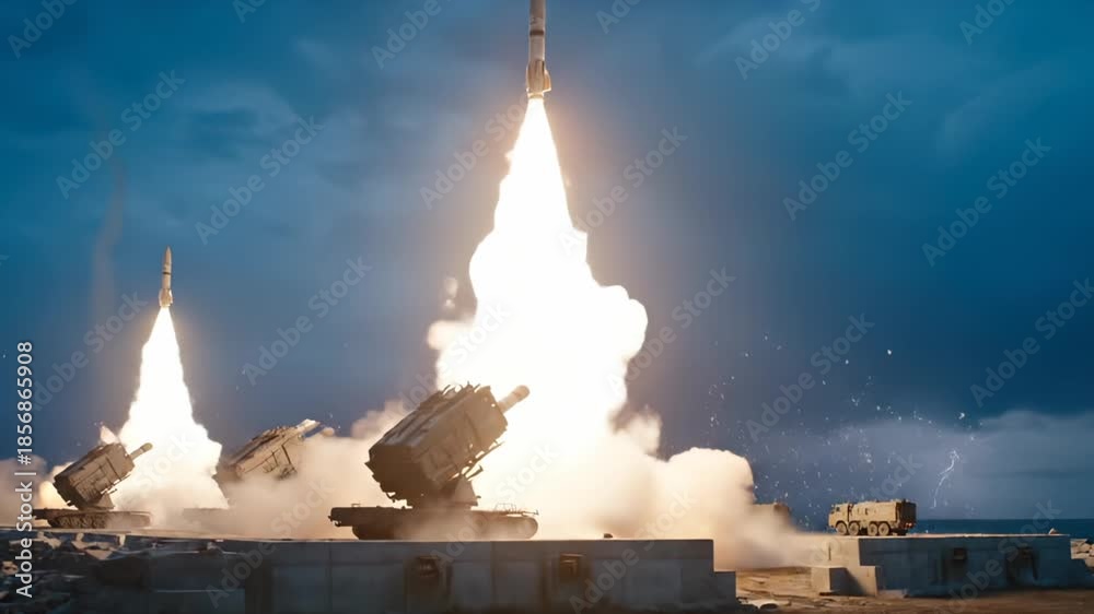 Military missile system launches multiple rockets into sky. Defense ...