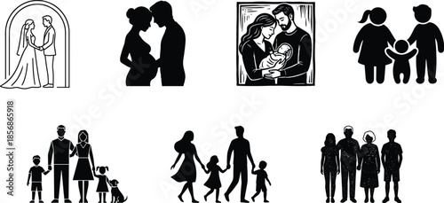Family life stages vector icons showing marriage, pregnancy, parenting, child growth, pet companionship, and togetherness in silhouette style