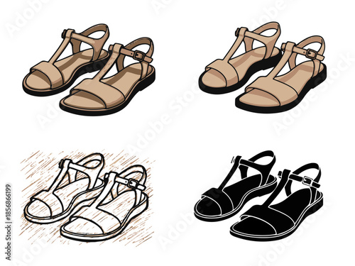 A versatile collection of women's flat sandals presented in multiple distinct illustration styles, showcasing diverse visual concepts for fashion and design projects