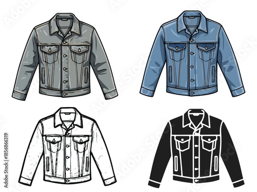 Collection of denim jacket illustrations in various styles and colors, perfect for fashion design and clothing concepts