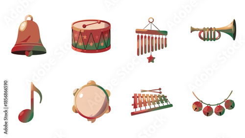 Collection of festive musical instruments and symbols with a red and green gradient