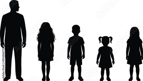 PrintAdobe Stock Title (Exactly 20 Words) Set of black silhouettes featuring a father and four children of different ages and heights isolated on a white background