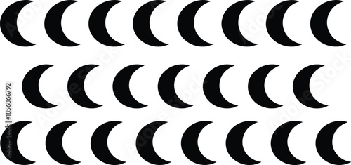 PrintBlack crescent moon pattern set, celestial lunar icons on white background, Islamic ramadan decorative elements, astronomical crescent shapes vector illustration.