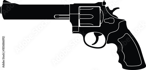 PrintBlack silhouette of a classic revolver handgun with detailed chamber and barrel for weapon protection and security on white background