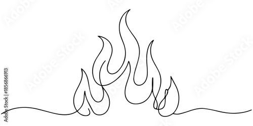 Fire icon in continuous one line drawing with minimalist style isolated outline illustration design. one line Icon drawing, Continuous one line drawing of a fire flame alongside a standard outline