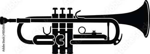 PrintBlack silhouette of a professional musical trumpet instrument, isolated on white background, perfect for jazz music, orchestral, or band designs,