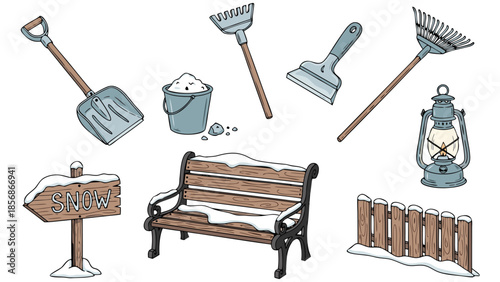 Winter scene with snow removal tools, park bench, and lantern