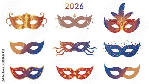 Collection of nine ornate masquerade masks with festive designs and year 2026