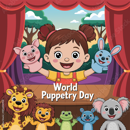 World Puppetry Day Vector Illustration on March 21 for Puppet Festivals which is moved by the Fingers Hands in Flat Kids Cartoon Background Design